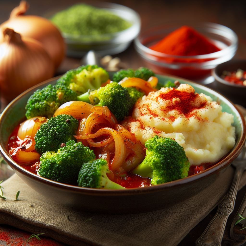 Brócoli con puré de patatas y cebolla caramelizada.