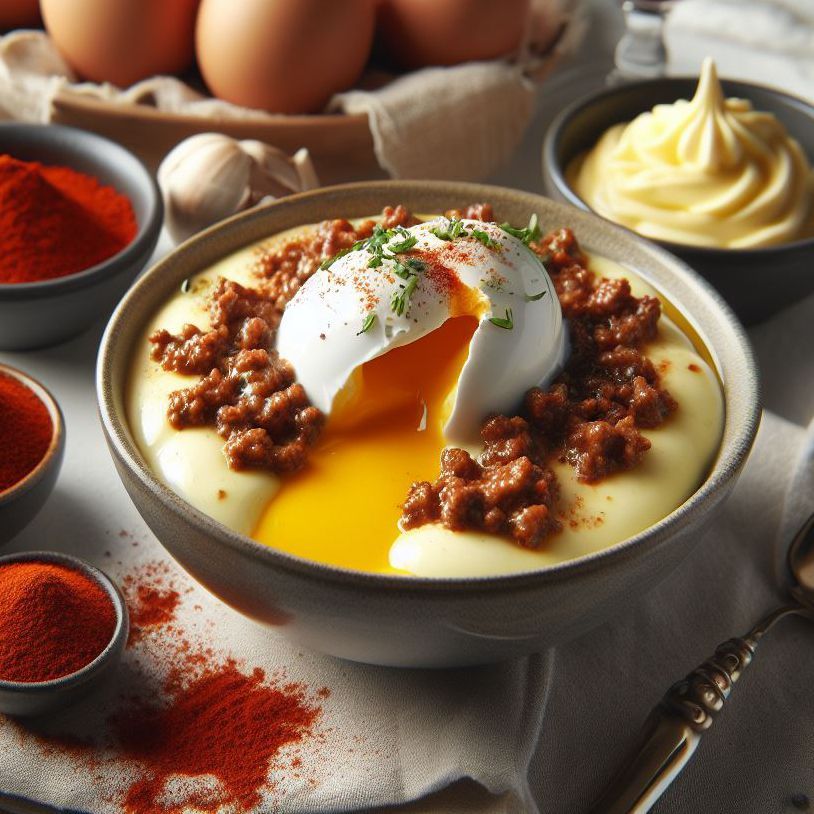 Crema de Berenjenas con Carne de Ternera Picada y Huevo Poché